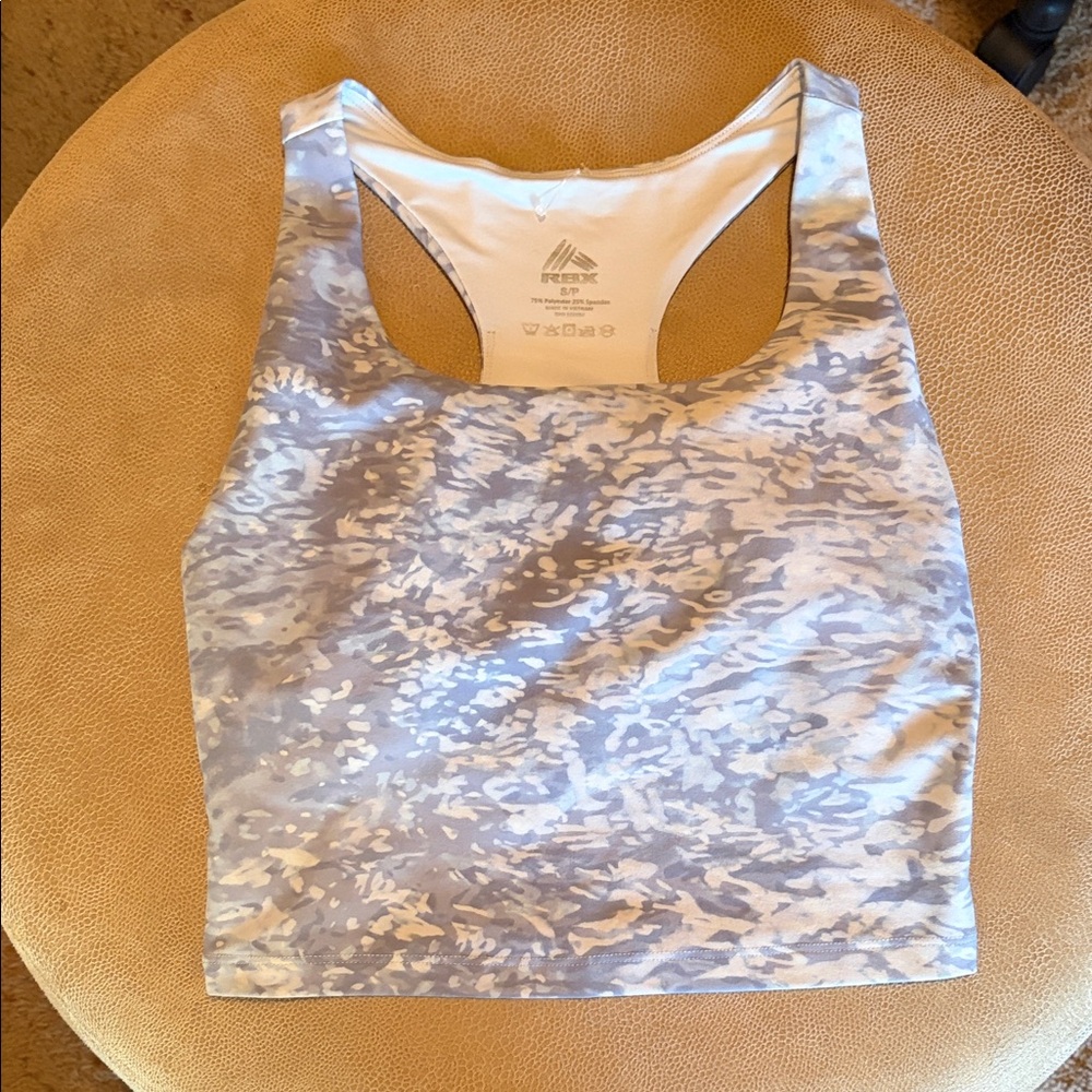 RBX Gray Patterned Sports work out top With Built In Padded Self Bra Size S